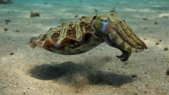 Cuttlefish swimming over sandy seabed in ocean environment