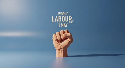 Pixelated fist raised in solidarity for world labour day on may 1st, representing workers rights and power, blue background