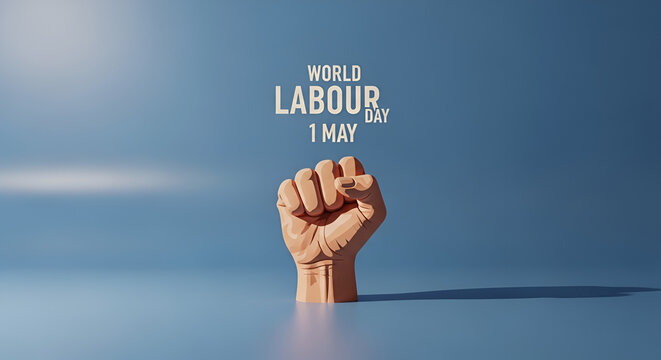 Pixelated fist raised in solidarity for world labour day on may 1st, representing workers rights and power, blue background