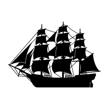 Black silhouette of a tall ship clipper sailing vessel vector illustration for nautical theme art
