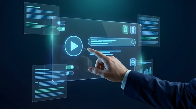 Business professional touching holographic media player and software interface, digital content management, interactive technology dashboard and smart UI concept on dark background