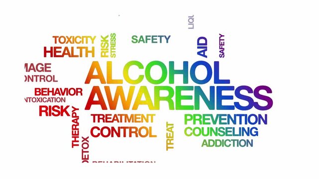 Alcohol awareness concept Animated Tag Word Cloud kinetic typography, Text Design Animation typography seamless loop video motion graphics Intro Wordart rainbow type on white background backdrop bg cl