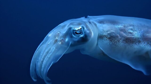 Cuttlefish with eye swimming in dark blue ocean water