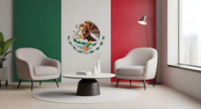 Modern waiting room with Mexican flag colors and national emblem, featuring two armchairs, coffee table, and floor lamp, representing national pride or international relations