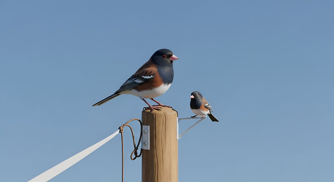 Two dark-eyed juncos perched on a wooden post against a clear blue sky, one adult and one juvenile bird showing natural behavior