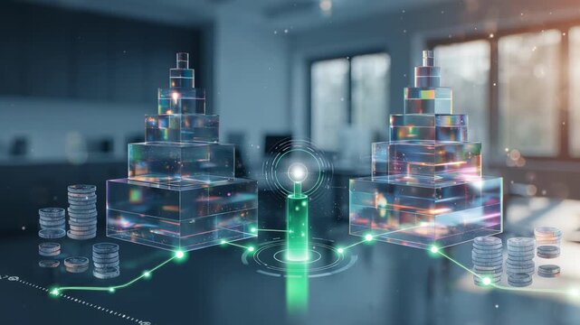 Focus on an equity token settlement screen showing realtime blockchain confirmation and balance updates with a blurred office setting behind.