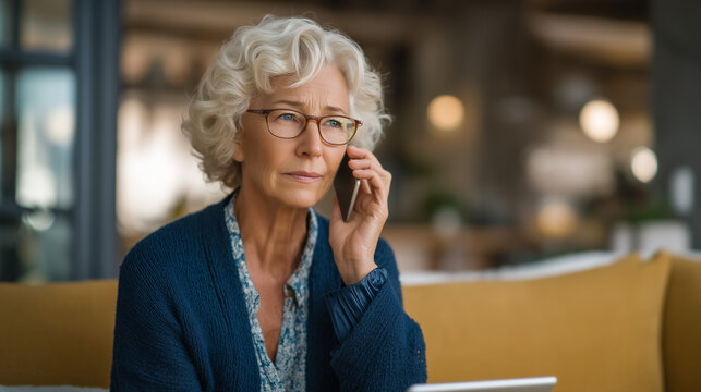 Elderly woman on modest home phone looking confused as scammer impersonates her bank via SIM swap, a notification of account change visible on nearby tablet screen, ideal for identity theft, fraud a
