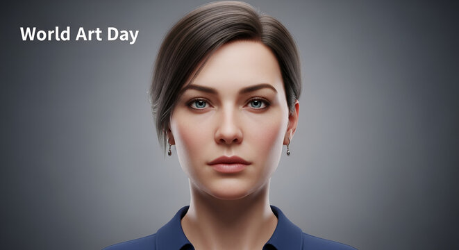 Realistic digital portrait of a woman with short brown hair and blue eyes, subtle smile, dark blue shirt, against a textured grey background, artificial intelligence art concept