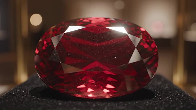 Large faceted ruby jewel on velvet display stand