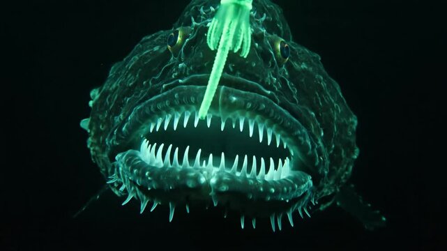 Anglerfish with large teeth and glowing lure in deep ocean