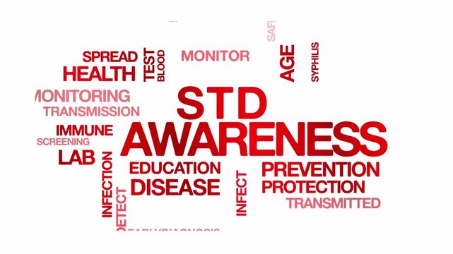 STD awareness concept Animated Tag Word Cloud kinetic typography Animation seamless loop video motion graphics Intro sexually transmitted disease wordart red type on white background backdrop bg clip 