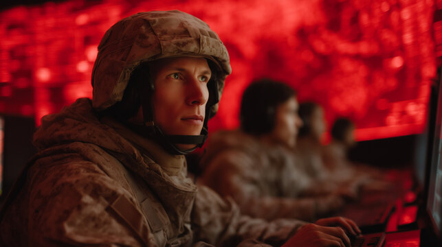 Nation state cyber attack simulation exercise in joint operations room, uniformed and civilian analysts side by side at terminals under red alert lighting, ideal for cyber defense drill, government 