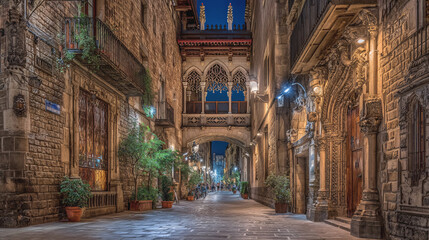 Fototapeta premium Narrow street lined with historic buildings and potted plants at night.