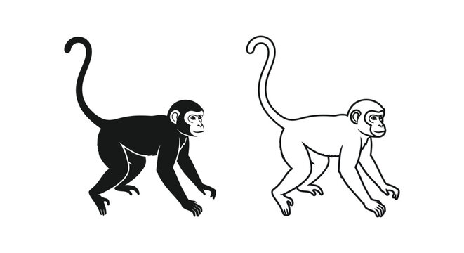 Minimalist monkey vector silhouettes, black and white primate line art icons, wild macaque animal graphics for logo design and educational materials