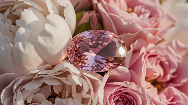 Pink Gem Resting On A Beautiful Bouquet Of Roses