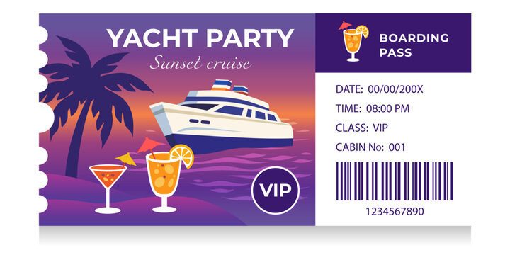 Yacht party ticket with boarding pass for sunset cruise. Graphical invitation template featuring cruise ship and tropical cocktail. Illustration for summer vacation leisure travel event.
