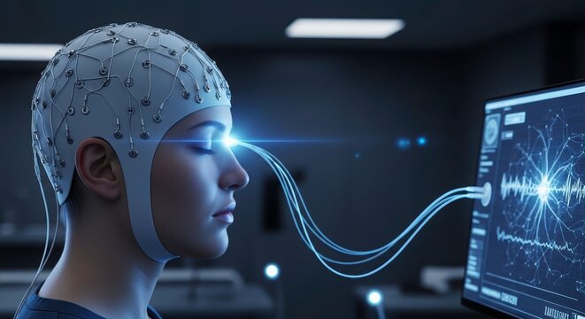 Person wearing braincomputer interface headset with wires to computer screen displaying neural activity graphs in dark room