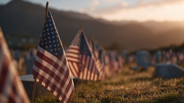 Rows of American flags line military cemetery at dawn, dew on grass catches early light, single folded flag rests on marble bench, perfect for Memorial Day tribute, national remembrance, and contemp