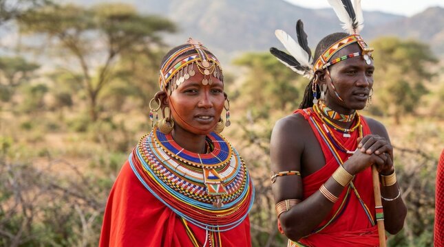 Maasai woman standing in a traditional Maasai boma, showcasing cultural heritage, vibrant attire, and rural lifestyle.