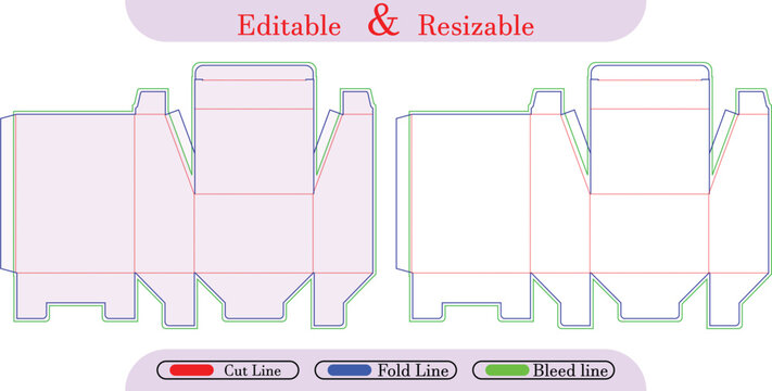 Box packaging die cut lines, editable resizable template