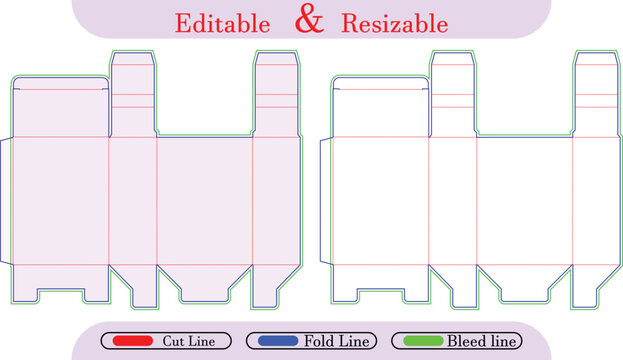 Packaging box die cut template, fold lines, cut lines, bleed lines