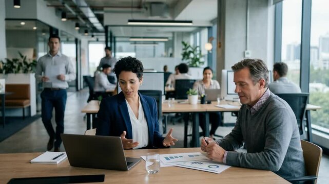 Medium shot of a broker consulting an individual investor in a sleek openplan office softly blurred colleagues working in the background