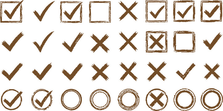 Collection of Checkmarks and Crosses in various forms on a white background