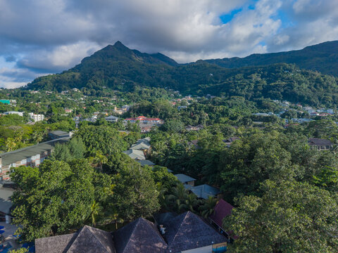 Aerial view of verdant foliage meeting rooftops nestled beneath the majestic silhouette of Morne Seychellois, a symphony of green and grey, Victoria, Seychelles.