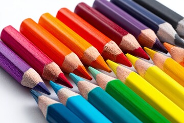 Fototapeta premium Bright Colored Pencils Arranged in a Gradient Line on a White Background for Art and School Projects