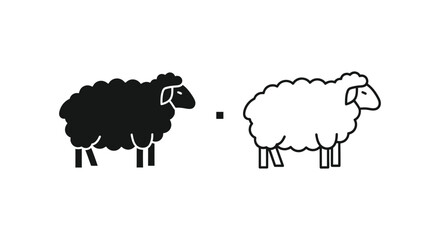 Obraz premium Minimalist black sheep and white sheep vector icons, standing farm animal silhouettes, simple line art sheep illustrations for business metaphors
