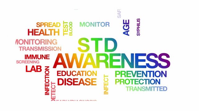 STD awareness concept Animated Tag Word Cloud kinetic typography Animation seamless loop video motion graphics Intro sexually transmitted disease wordart rainbow type on white background backdrop bg c
