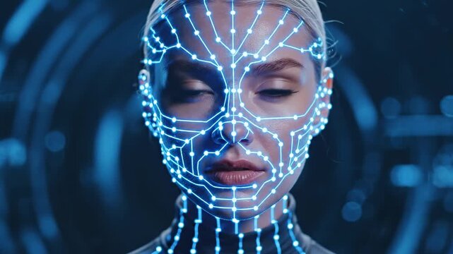 This content depicts a woman with facial recognition technology applied to her face, showcasing a futuristic concept of biometric security and identification in a high-tech setting.