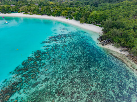 Aerial view of the turquoise waters meeting the white sandy beach, fringed by lush green vegetation, a tropical paradise from above, Victoria, Mahe Island, Seychelles.