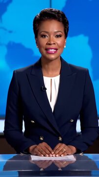 This features a female news anchor delivering a segment in a contemporary television studio setting. The anchor stands confidently behind a sleek desk, set against a blue background that displays a