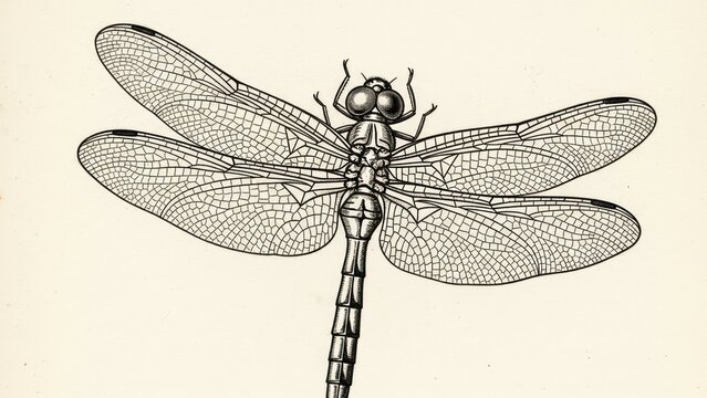 Detailed black and white illustration of a dragonfly with textured wings