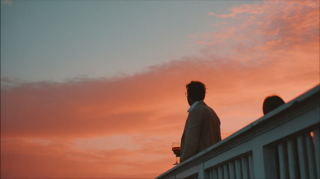 man with glass of wine gazes at sunset from balcony feeling joy and relaxation
