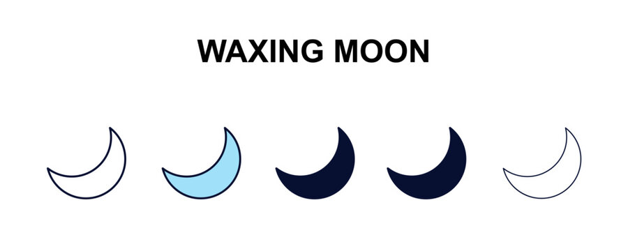 waxing moon multi-style outline icon set - weather concept. Thin line, regular, filled, colored waxing moon icon