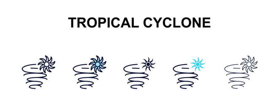 tropical cyclone multi-style outline icon set - weather concept. Thin line, regular, filled, colored tropical cyclone icon
