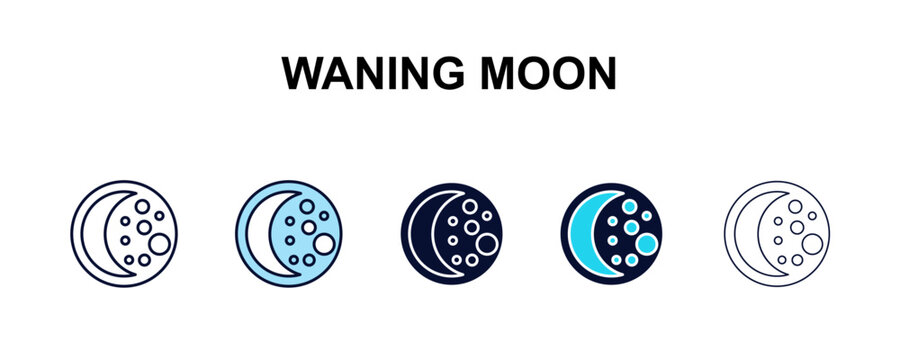 waning moon multi-style outline icon set - weather concept. Thin line, regular, filled, colored waning moon icon