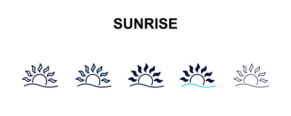 Fototapeta premium sunrise multi-style outline icon set - weather concept. Thin line, regular, filled, colored sunrise icon