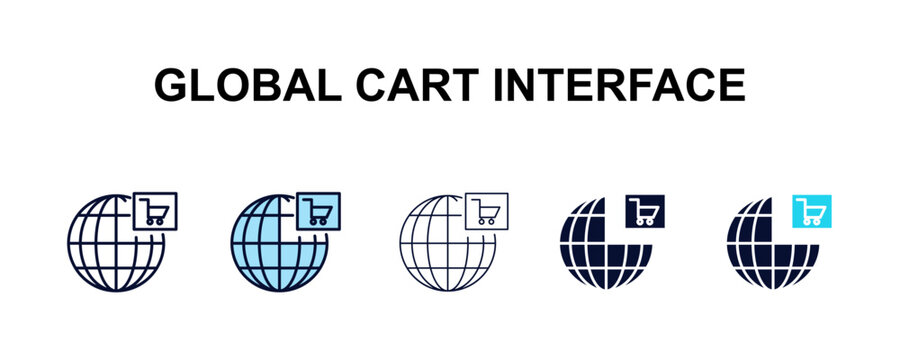 global cart interface multi-style outline icon set - user interface concept. Thin line, regular, filled, colored global cart interface icon