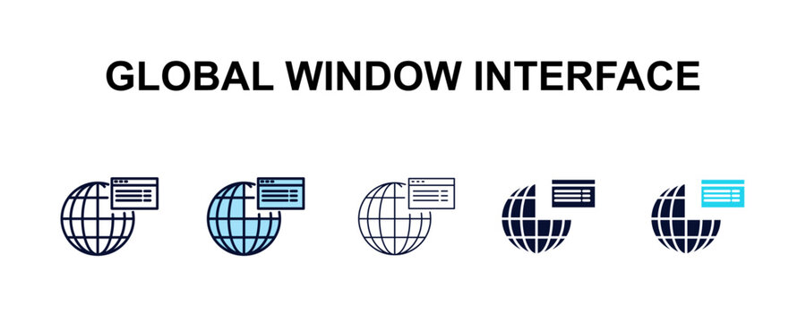global window interface multi-style outline icon set - user interface concept. Thin line, regular, filled, colored global window interface icon