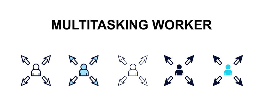 multitasking worker multi-style outline icon set - user interface concept. Thin line, regular, filled, colored multitasking worker icon
