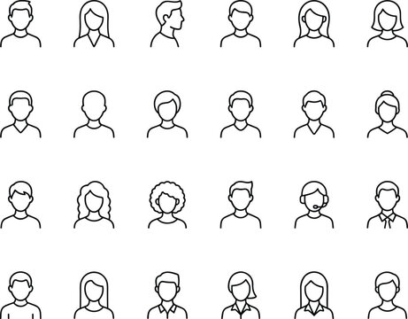 A collection of simple line drawings of diverse people icons on a white background