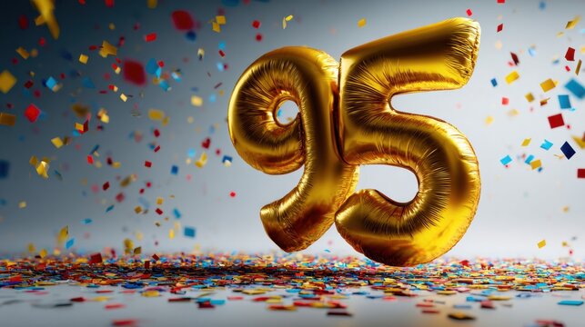 A gold balloon shaped like "95" floats amid colorful confetti, celebrating a milestone. Ideal for anniversary or birthday cards.