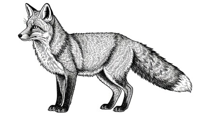 Fototapeta premium Detailed illustration of a red fox standing in profile against a white backdrop