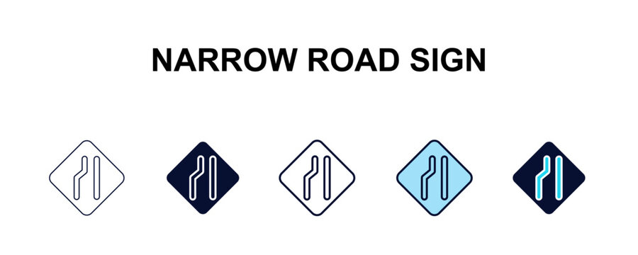narrow road sign multi-style outline icon set - traffic signs concept. Thin line, regular, filled, colored narrow road sign icon