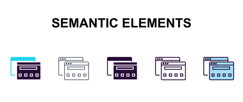 semantic elements multi-style outline icon set - technology concept. Thin line, regular, filled, colored semantic elements icon