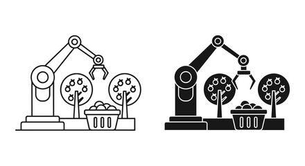 Fototapeta premium Industrial robotic arms, black and white icons, farming automation, agriculture technology