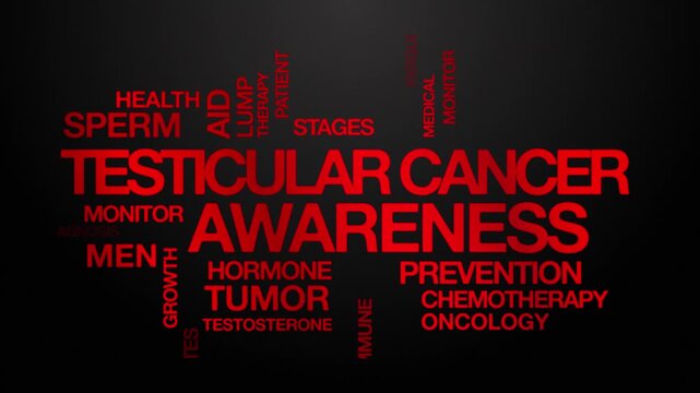 Testicular cancer awareness concept Animated Tag Word Cloud kinetic typography, Text Design Animation typography seamless loop video motion graphics Intro Wordart red type on black background backdr